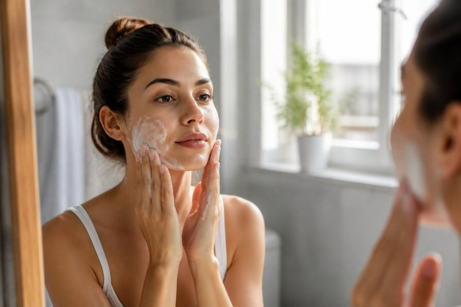 Person applying gentle cleanser to face and neck in bright bathroom with natural morning light, preparing skin before laser treatment