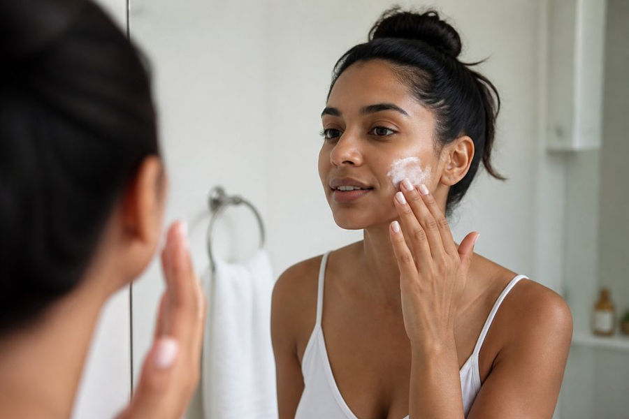 Person with brown skin applying soothing moisturizer to manage hyperpigmentation after laser in a calm bathroom