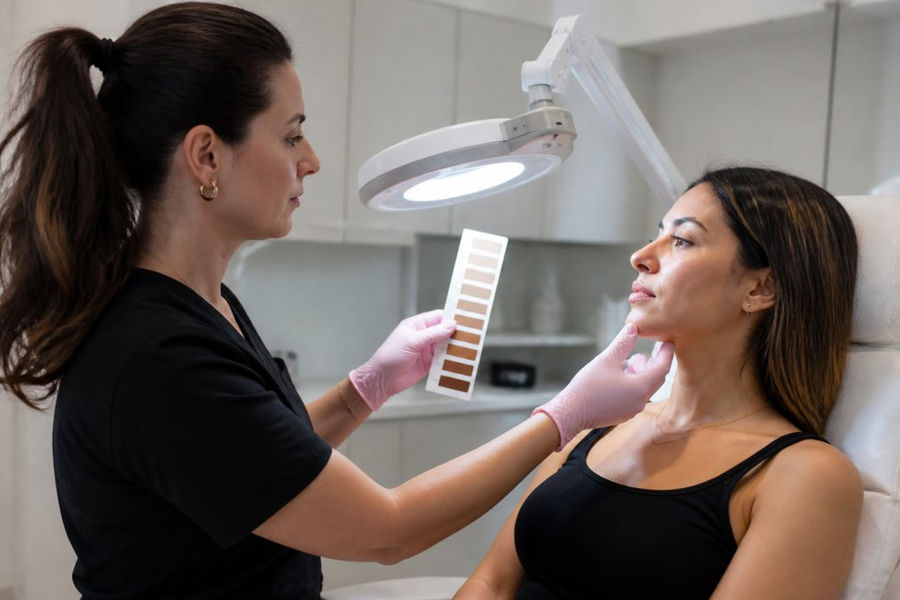 Aesthetician performing detailed skin assessment on client's face in bright clinical room, using magnifying lamp and holding Fitzpatrick scale reference chart, client seated in comfortable treatment chair