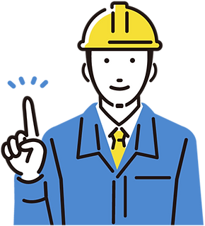 人差し指を出している作業服の男性