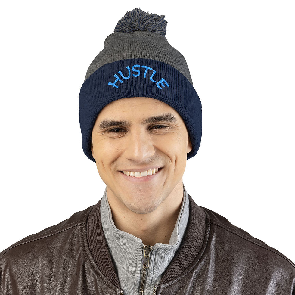 Thumbnail: Hustle Pom-Pom Knit Cap — Embroidered Winter Beanie