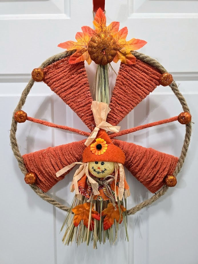 Thumbnail: Chunky Fall Scarecrow Wreath with Glittery Pumpkins on 14-Inch Wheel Frame - Han