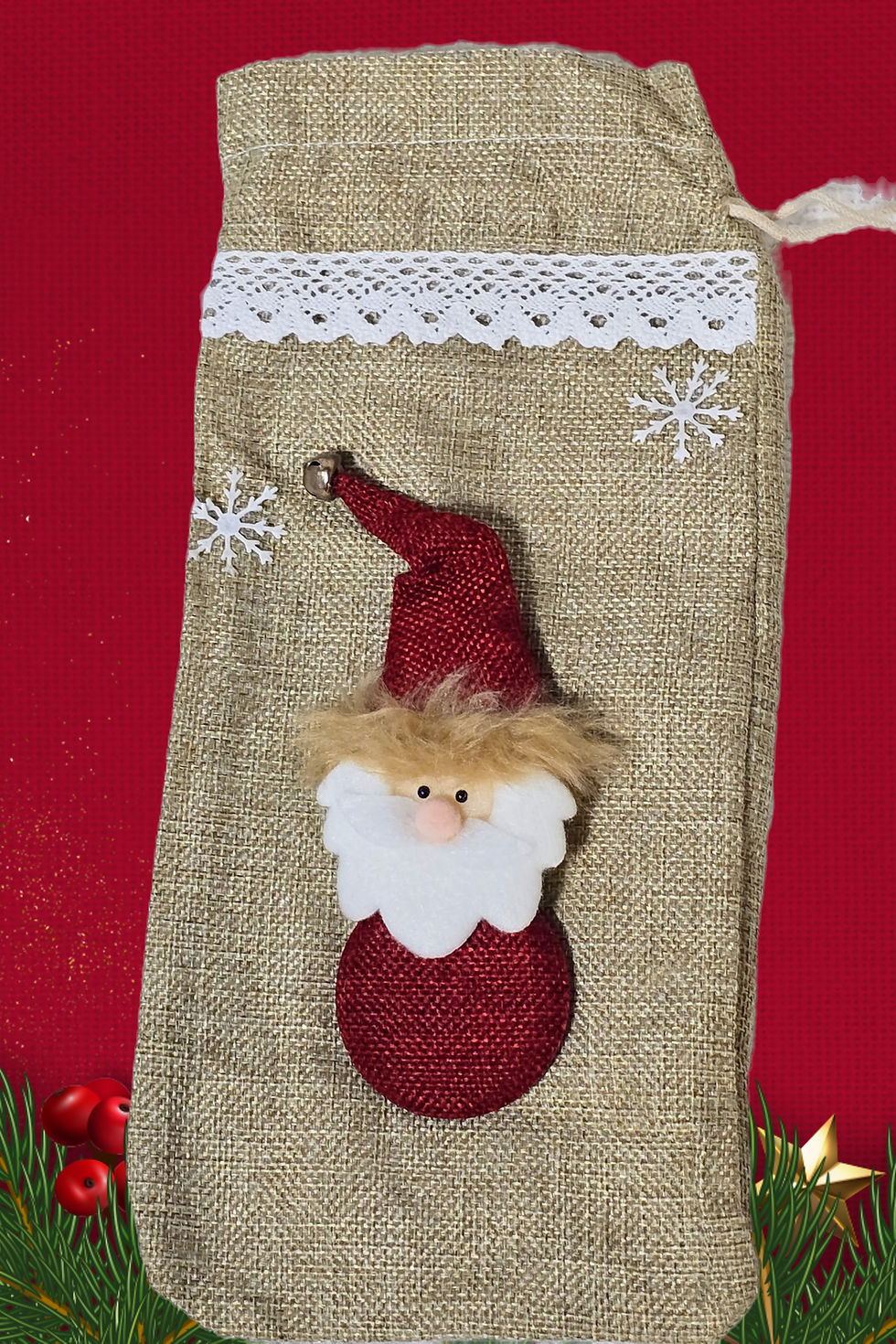 Thumbnail: Burlap Santa Wine Carrier with Jingle Bells Holiday Gift