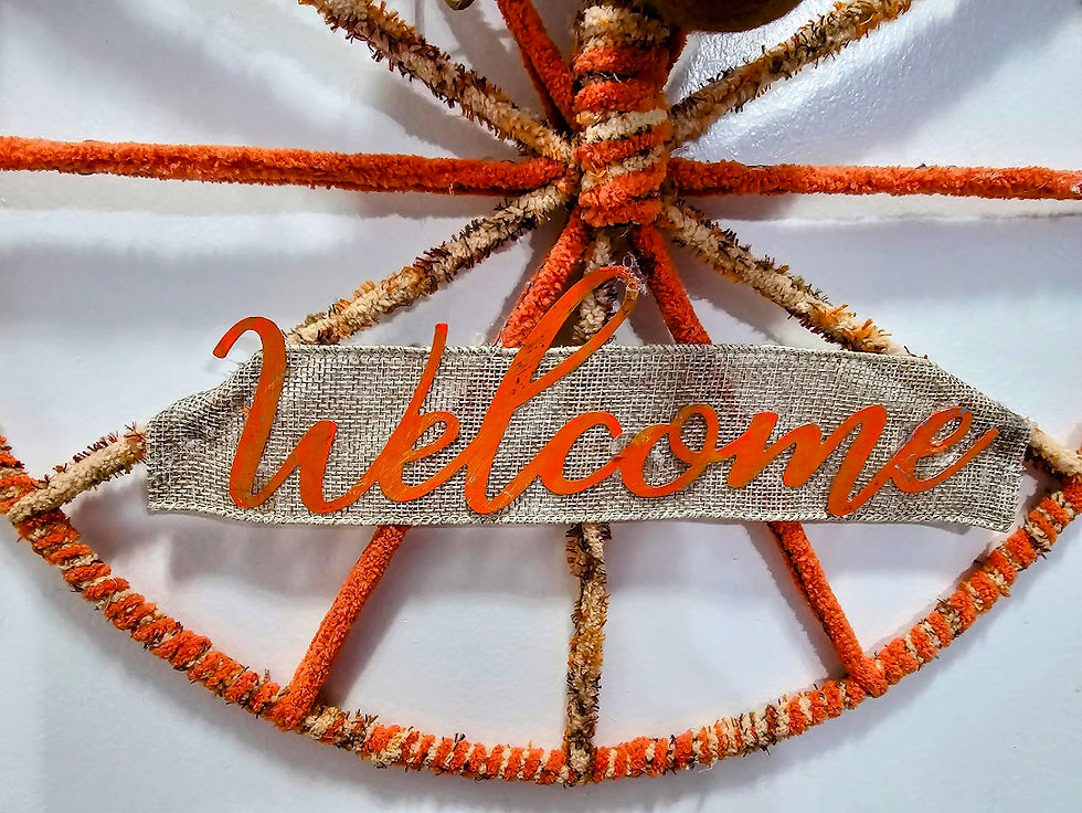 Thumbnail: Fall Wheel Wreath – ‘Welcome’ Burlap Ribbon, Burnt Orange Yarn