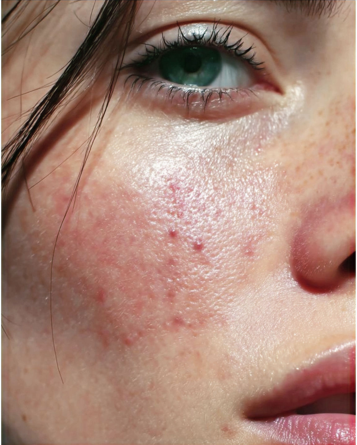 Mujer sostiene foto de rostro con acné, ahora piel clara.