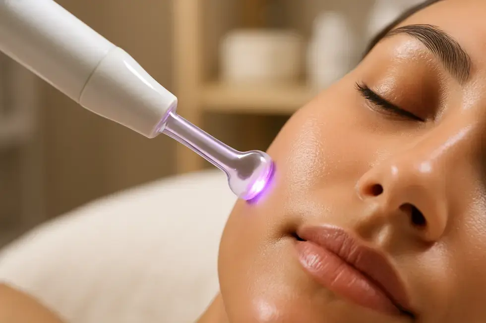 Mujer recibiendo tratamiento FACIAL CON ALTA FRECUENCIA para el cuidado de la piel.