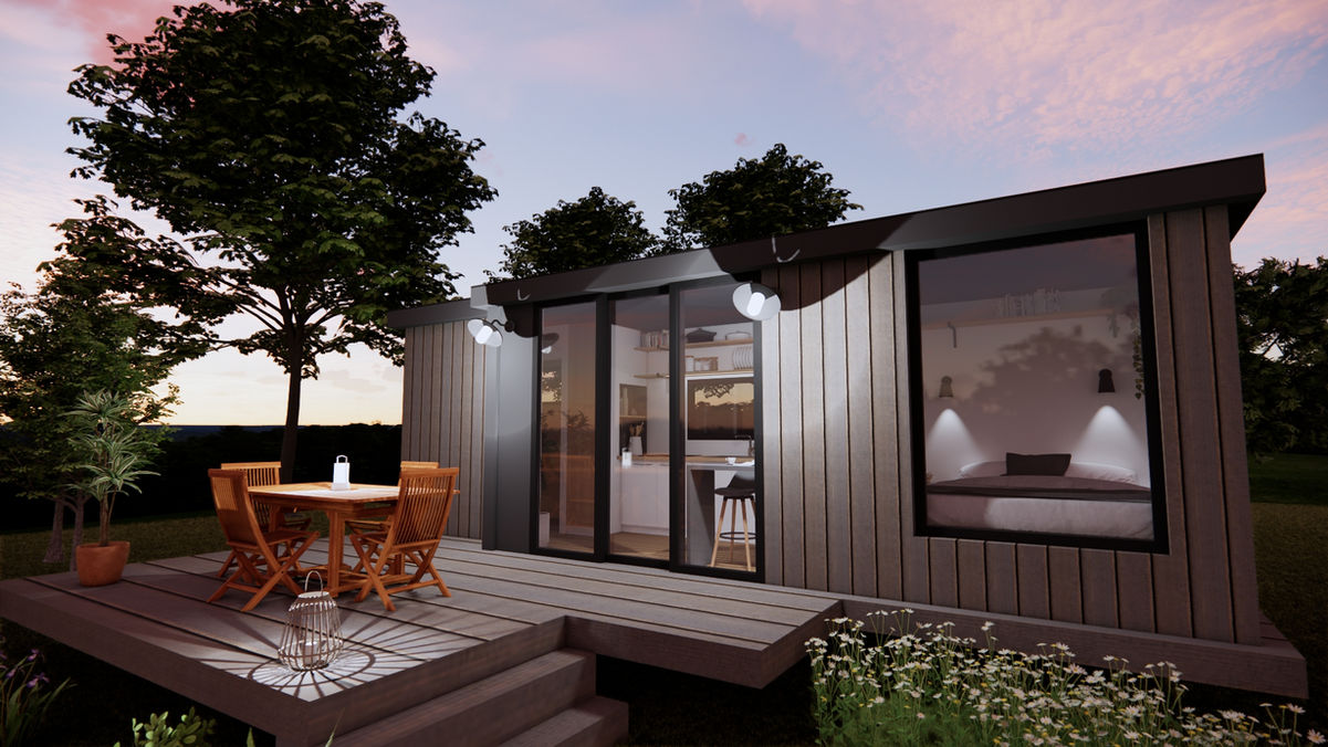 Tiny house vue nocturne extérieure terrasse Visuel Pro 3D modélisation 3D