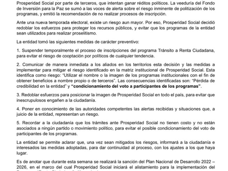Comunicadoa a la opinión pública del Programa de Properidad Social 