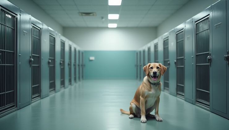 High angle view of a clean and spacious pet boarding kennel with separate dog enclosures