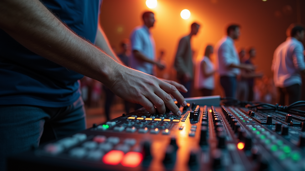 Eye-level view of a sound technician adjusting audio equipment during a worship seminar
