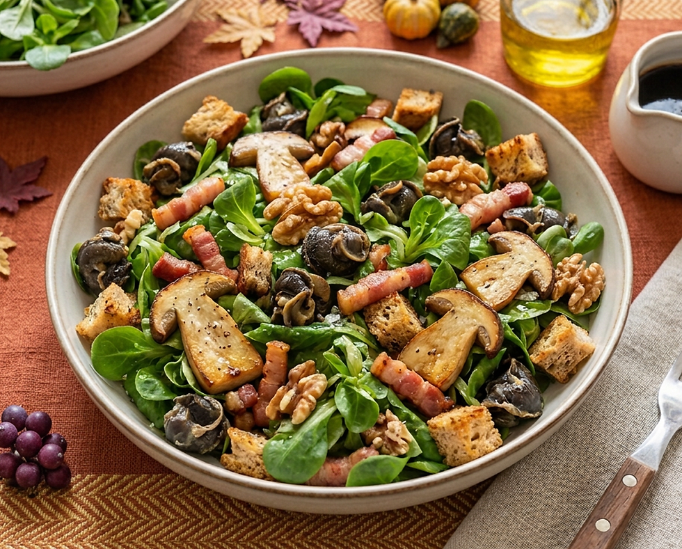 Salade généreuse d'escargots et de lardons accompagnée de mâche et champignons