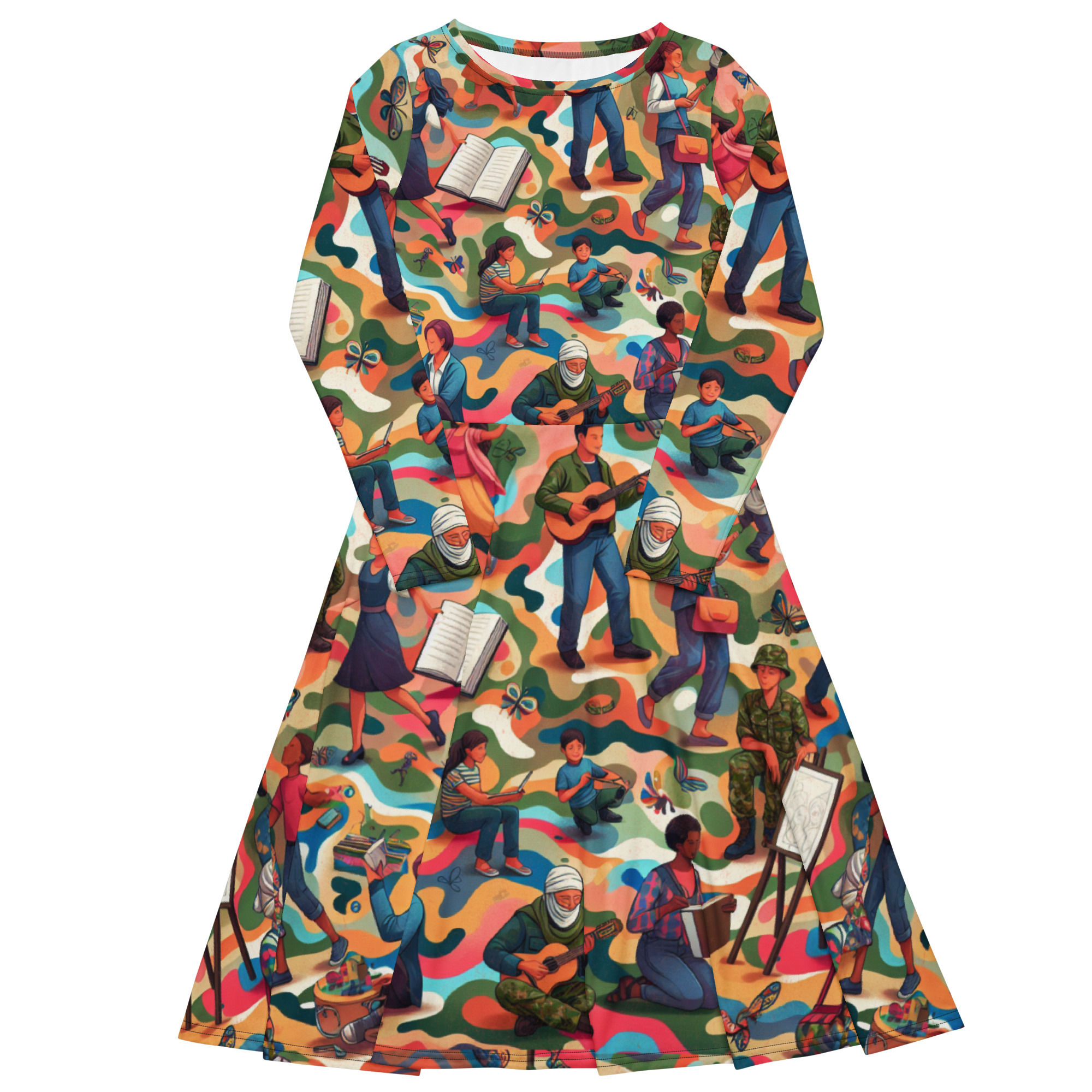 All-over print long sleeve midi dress