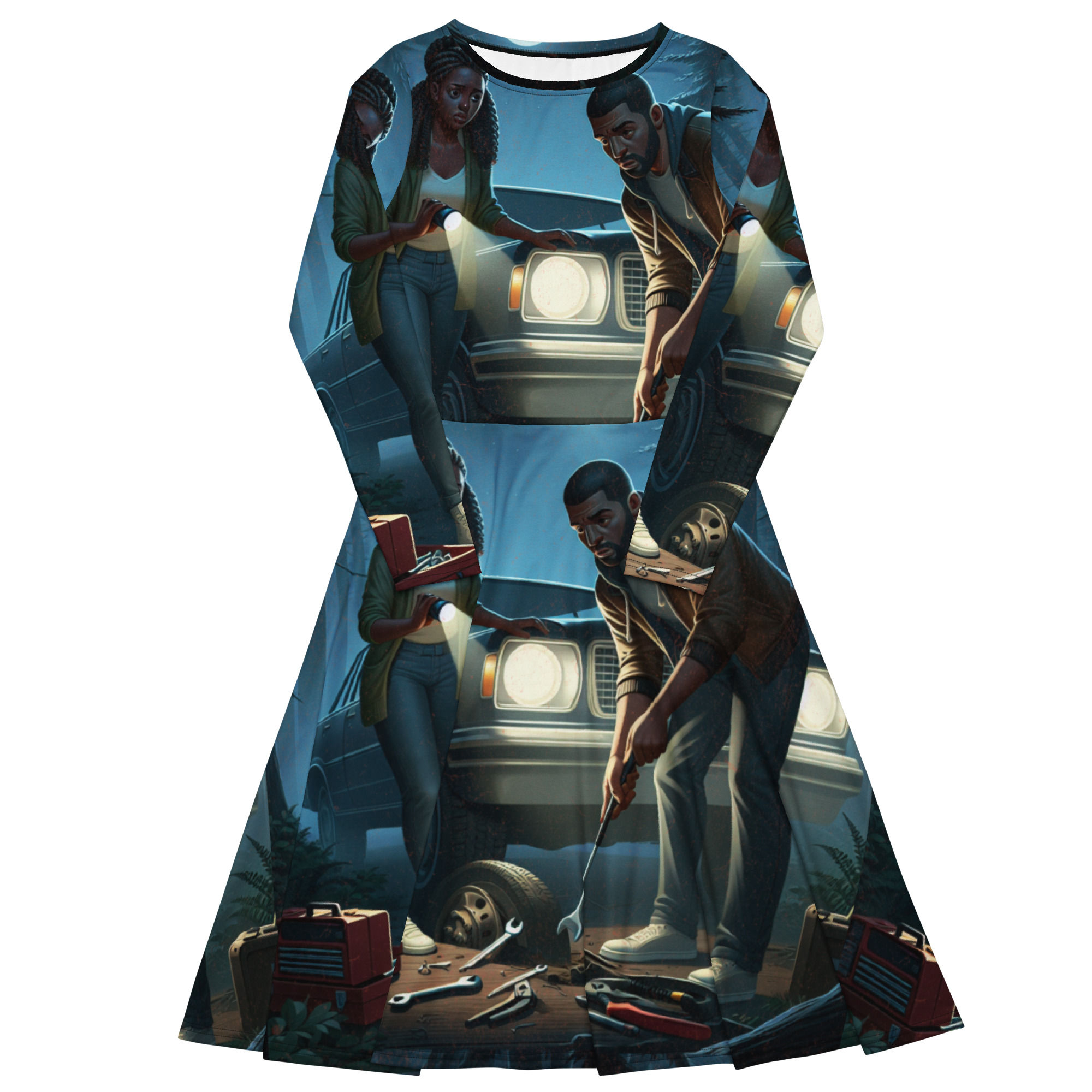 All-over print long sleeve midi dress