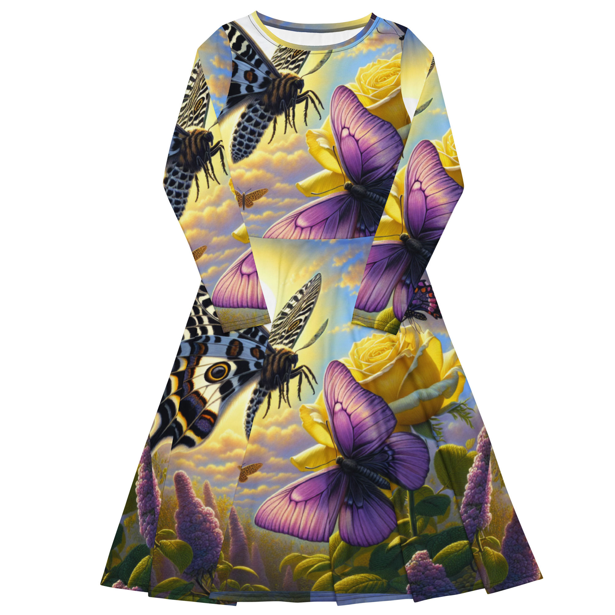 All-over print long sleeve midi dress