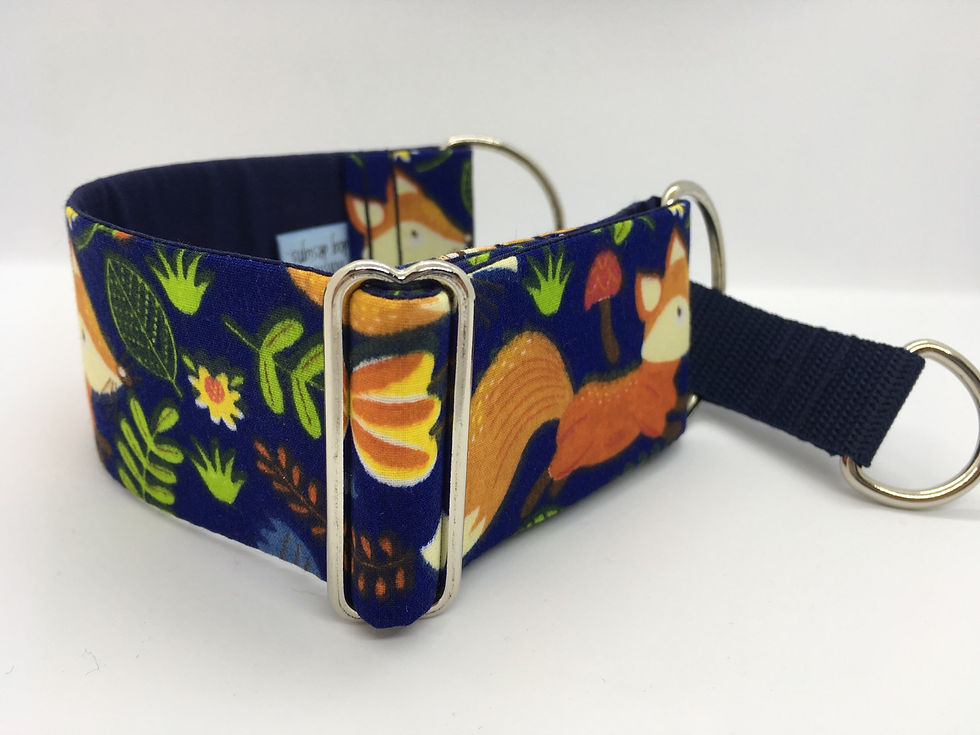 Thumbnail: Navy blue with foxes and woodland scene - martingale for dogs (greyhound, whi