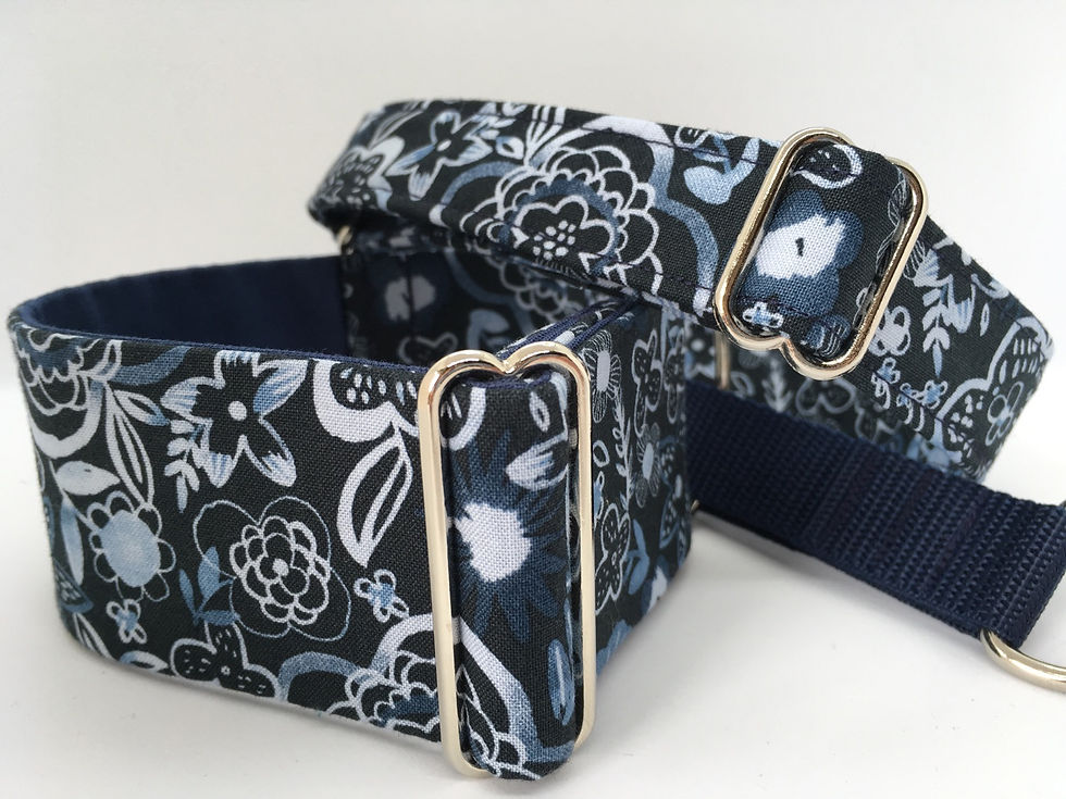 Thumbnail: Navy with pale blue flowers - martingale and house collar for dogs (greyhound, whippet, lurcher).