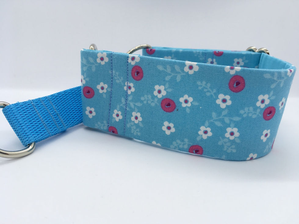 Thumbnail: Pale blue with white and pink flowers - martingale collar for dogs (greyhound, whippet, lurcher).