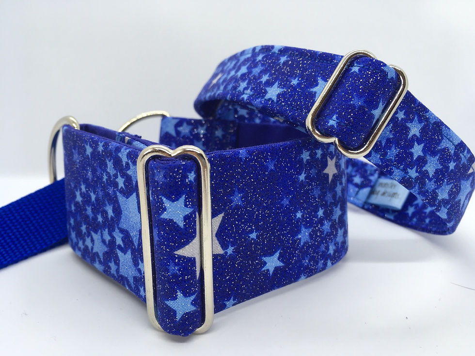 Thumbnail: Blue glitter stars martingale and house collar for dogs e.g. greyhound, whippet, lurcher, sighthound
