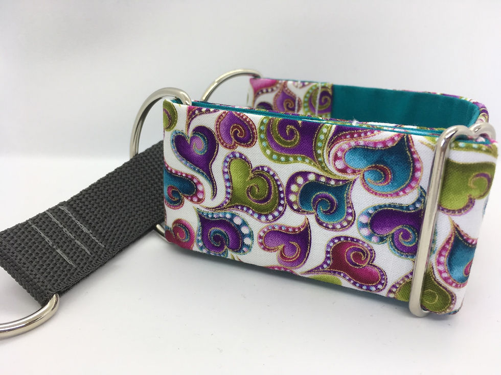 Purple pink green hearts martingale collar for dogs (e.g. greyhound, whippet, lurcher, sighthound)
