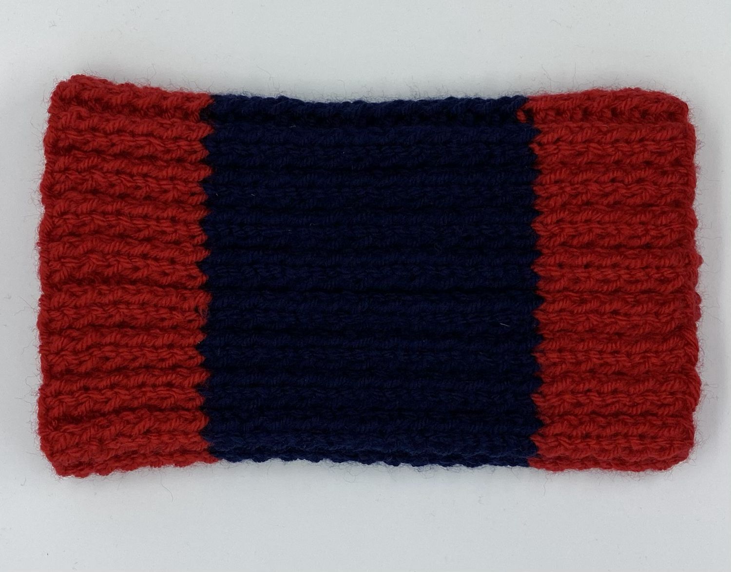 Navy and red knitted snood for dogs who feel the cold (greyhound, whippet, lurcher, sighthound)