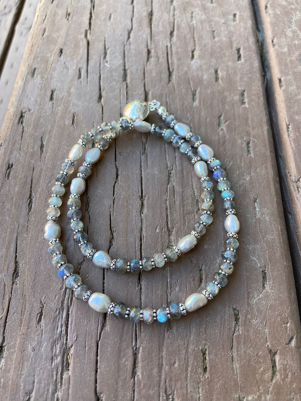 Thumbnail: Flashy Labradorite, Freshwater Pearl and Sterling Silver Necklace