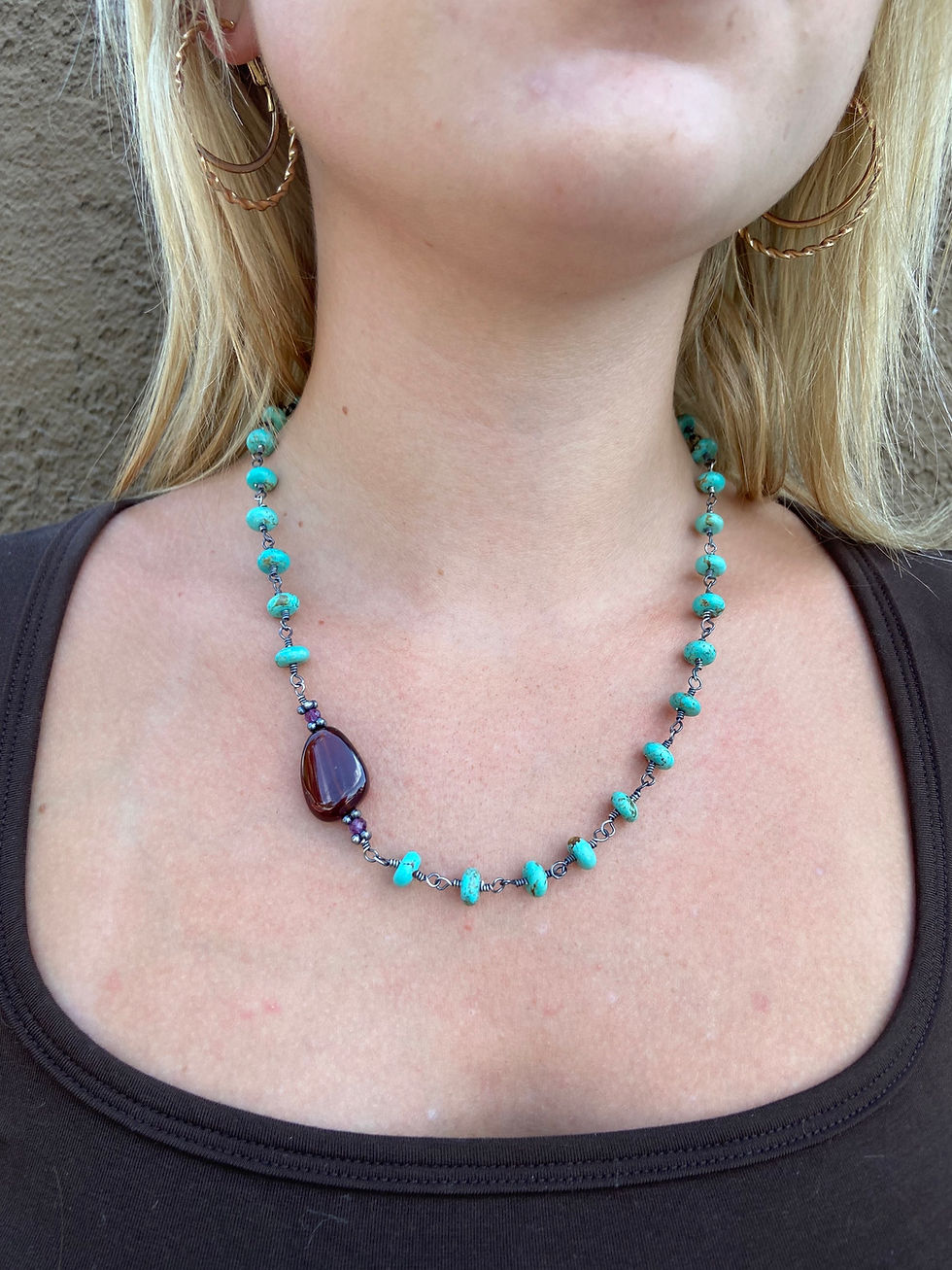 Thumbnail: Baja Mexican Turquoise, Hessonite Garnet, Amethyst and Sterling Silver Necklace
