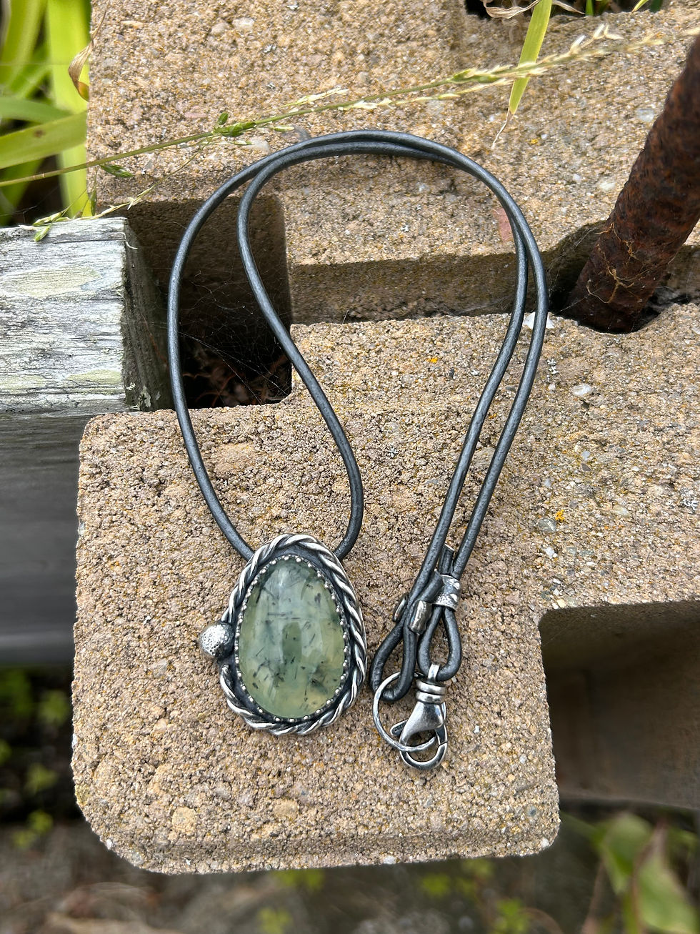 Thumbnail: Prehnite and Sterling Silver Pendant on Leather Cord
