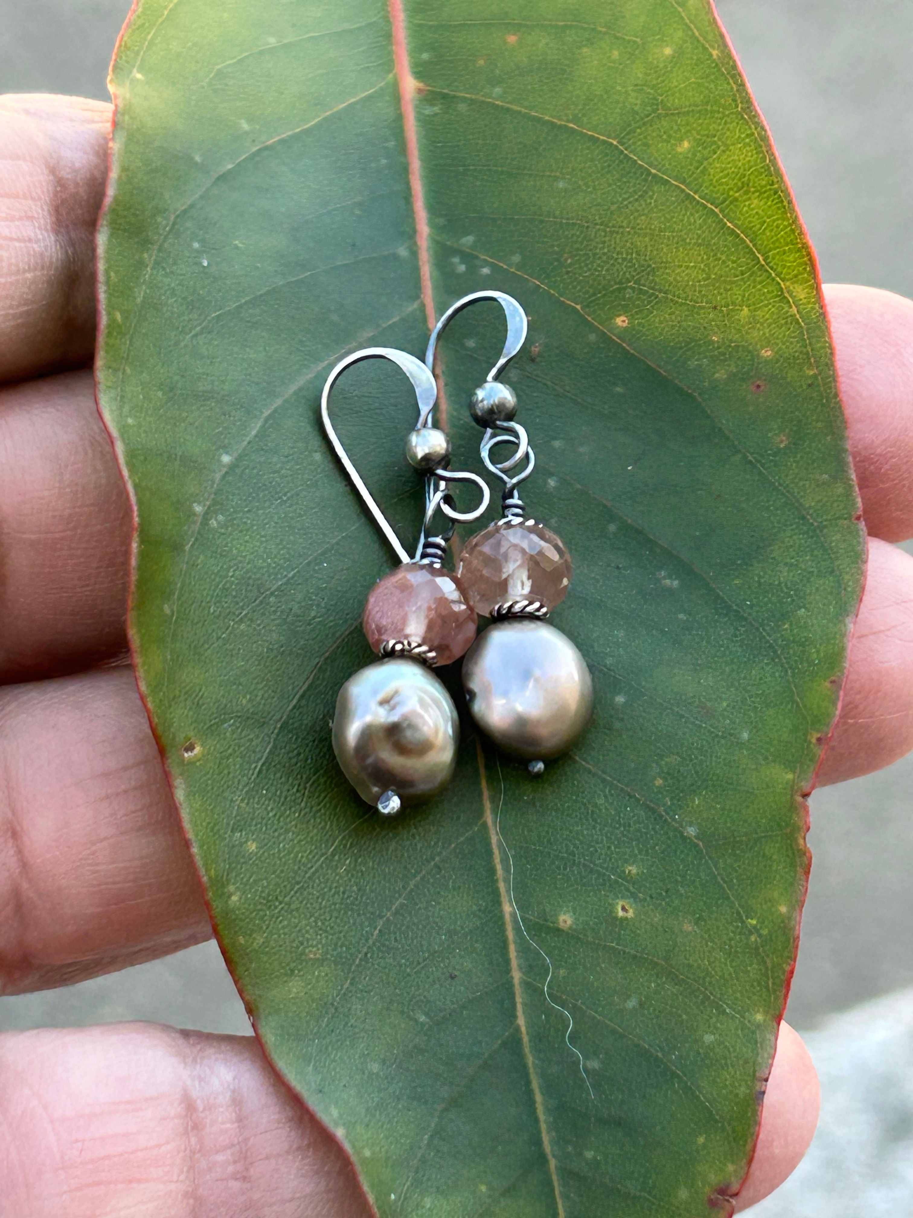 Tahitian Baroque Pearl, Sunstone and Oxidized Sterling Silver Earrings 