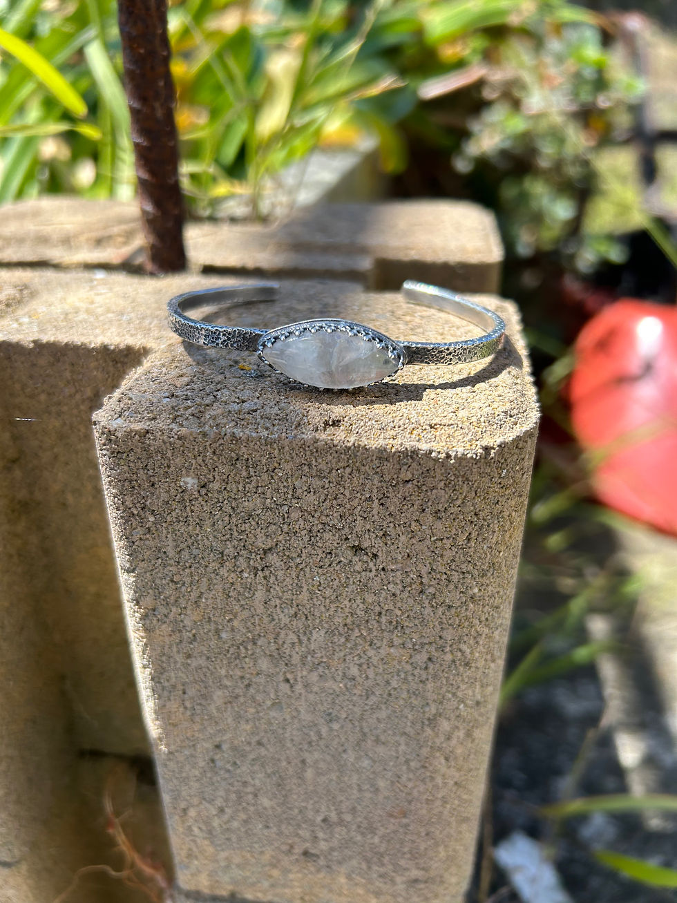 Thumbnail: Hand Forged Rainbow Moonstone and Sterling Silver Bangle Cuff