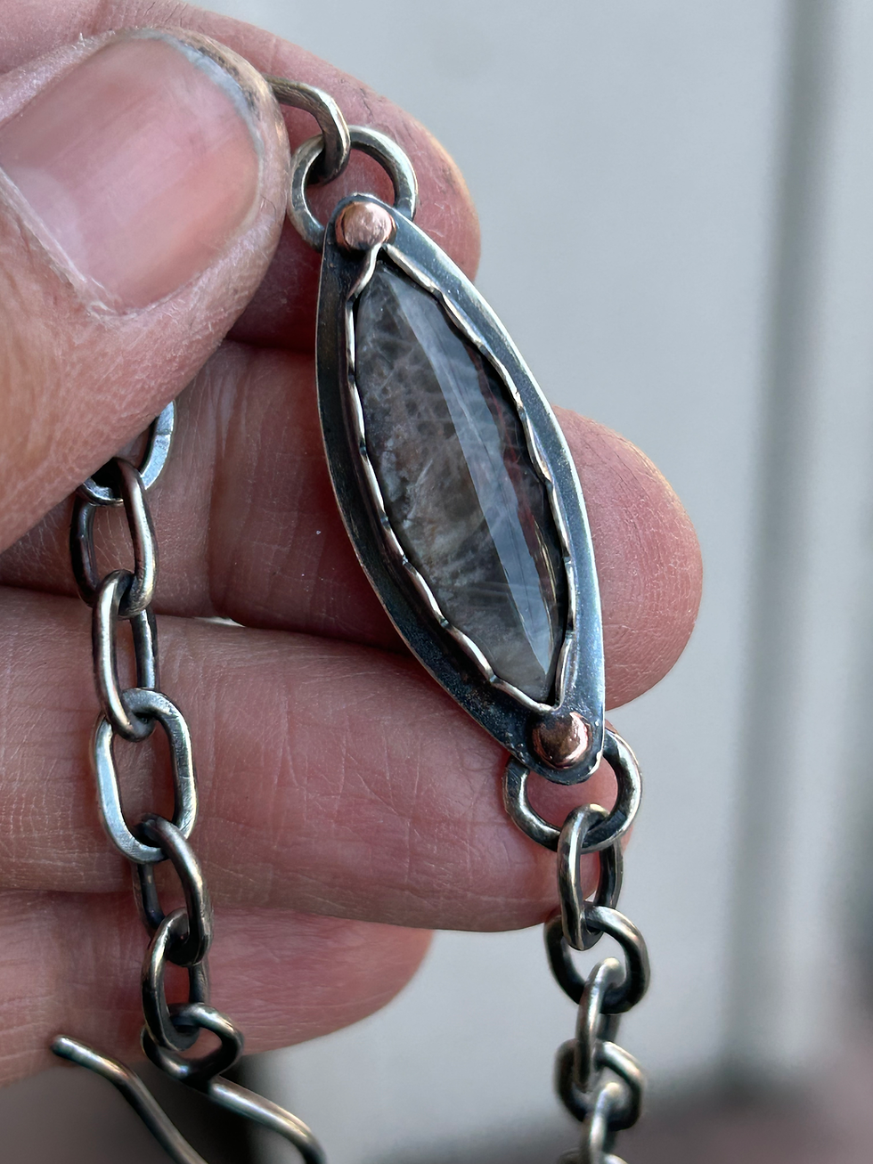 Thumbnail: Hand Forged Black Moonstone and Sterling Silver Chain Bracelet w/Copper Accents