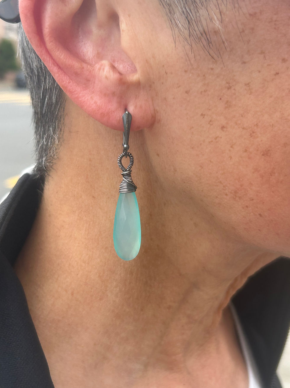 Thumbnail: Aqua Chalcedony and Oxidized Sterling Silver Earrings 