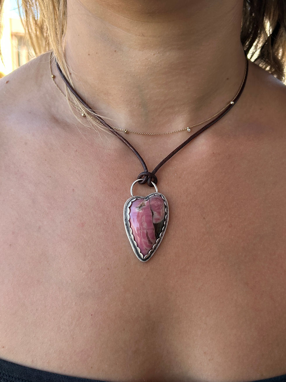 Thumbnail: Rhodonite and  Recycled Sterling Silver Heart Pendant on Leather Cord
