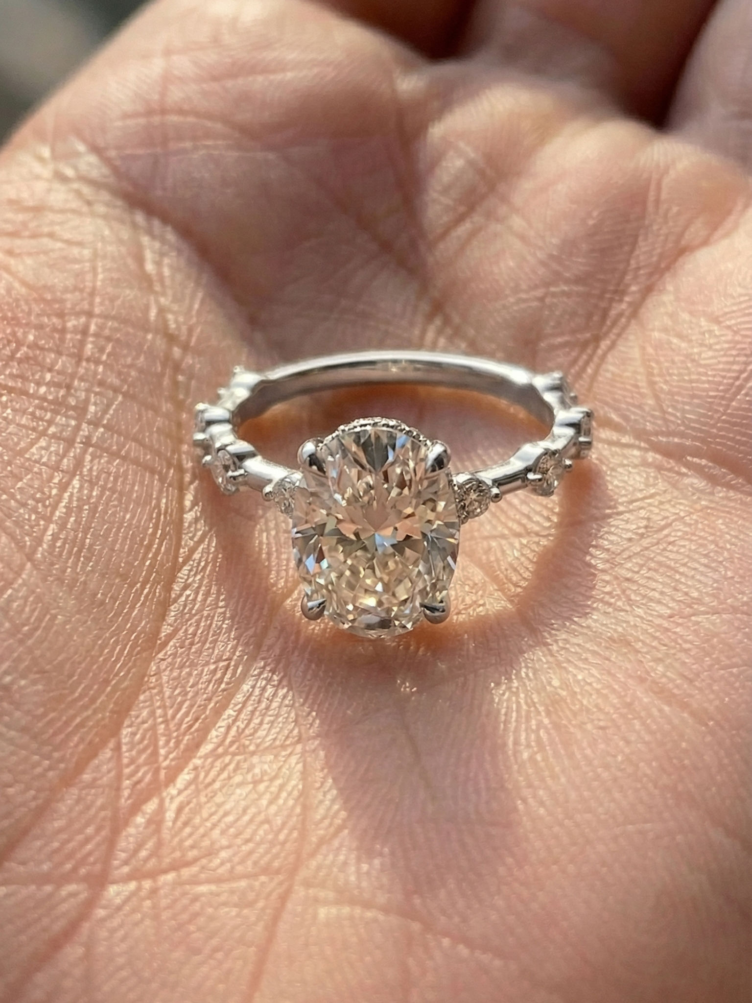 2CT Oval Moissanite Hidden Halo Engagement Ring Solid Gold Milgrain Vintage Ring