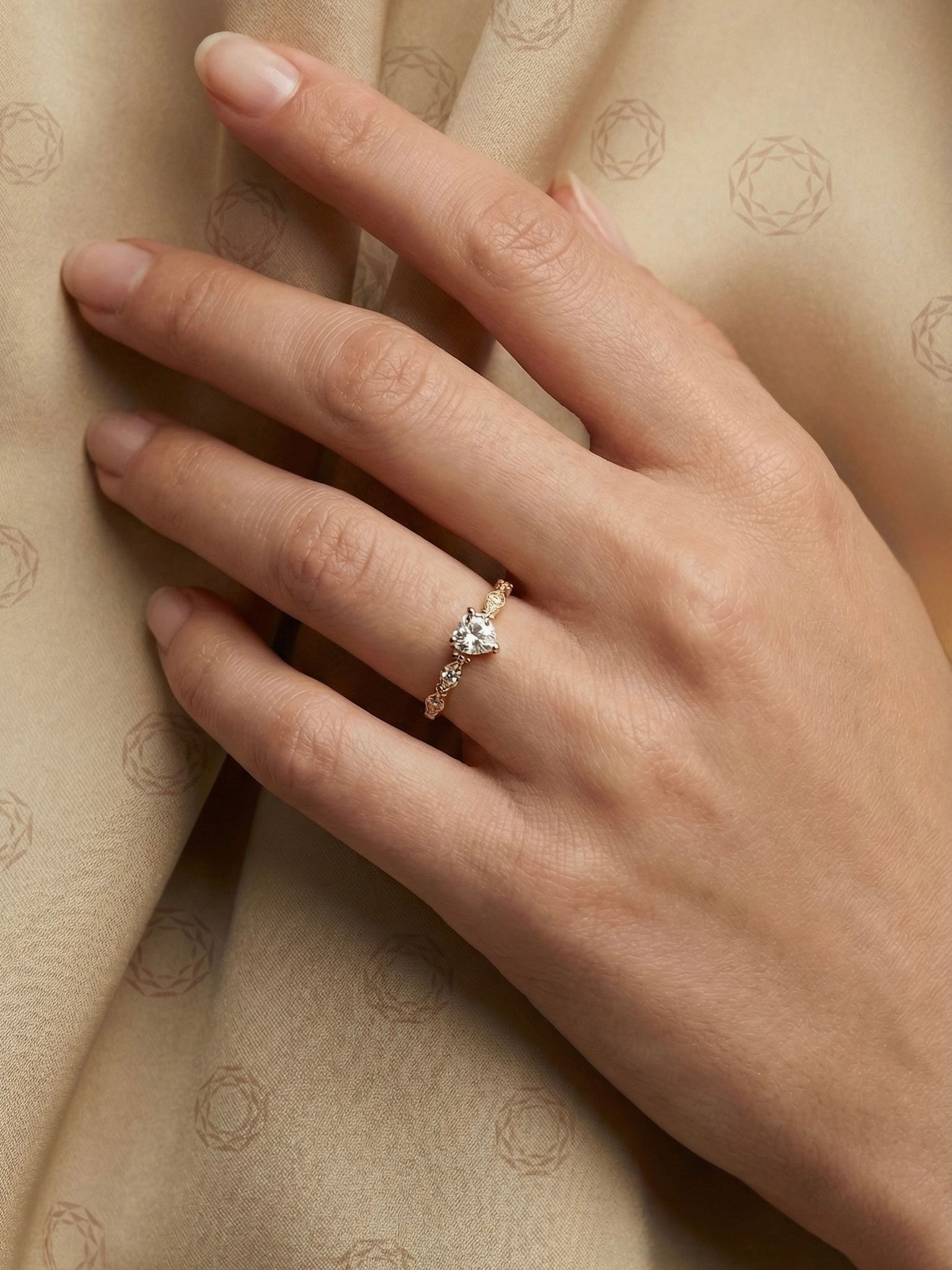 Dainty Heart Cut Moissanite Promise Ring Solid Rose Gold Art Deco Milgrain