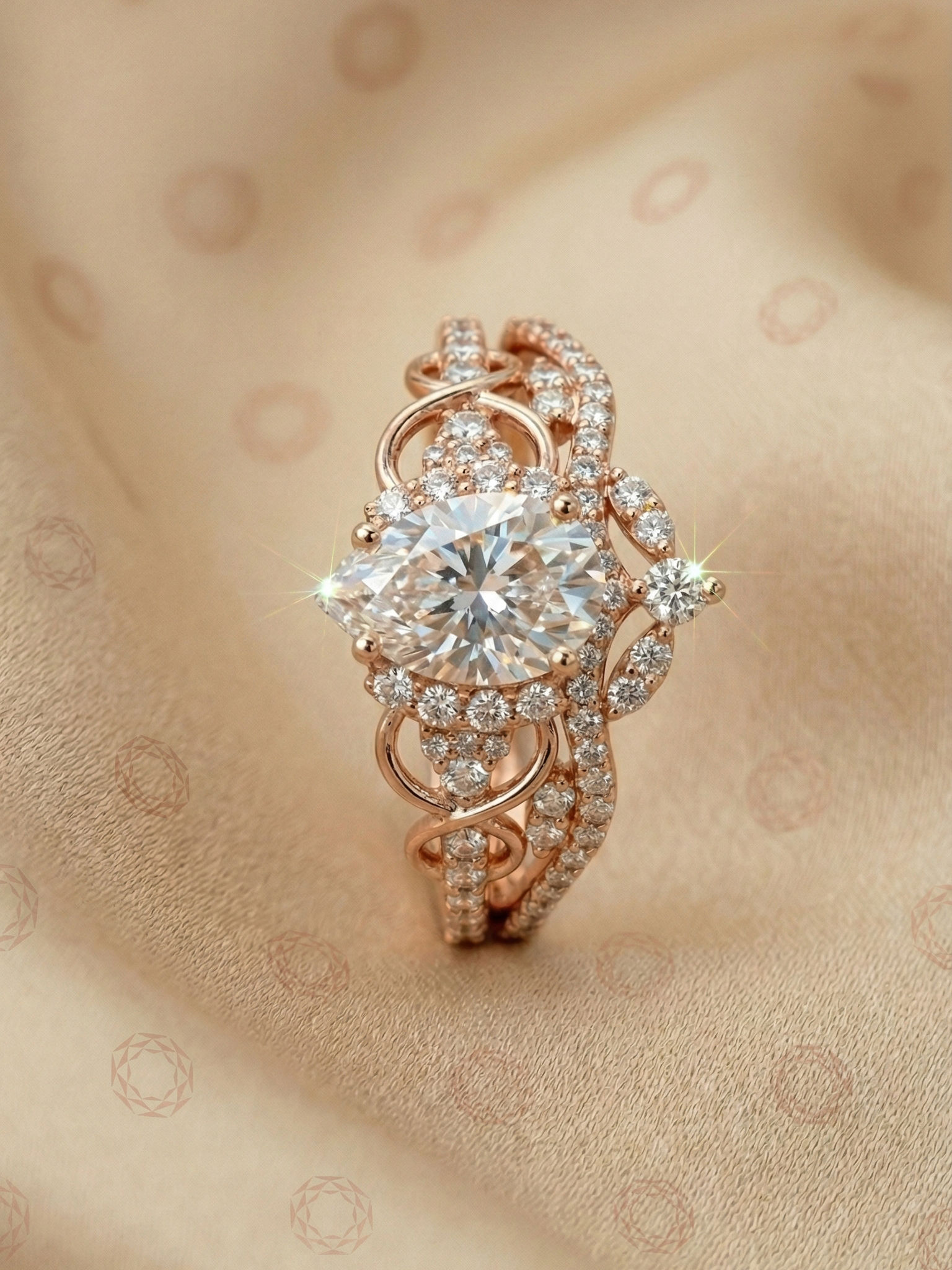 Art Deco Pear Cut Moissanite Vintage Ring Set Solid Rose Gold Filigree Bridal