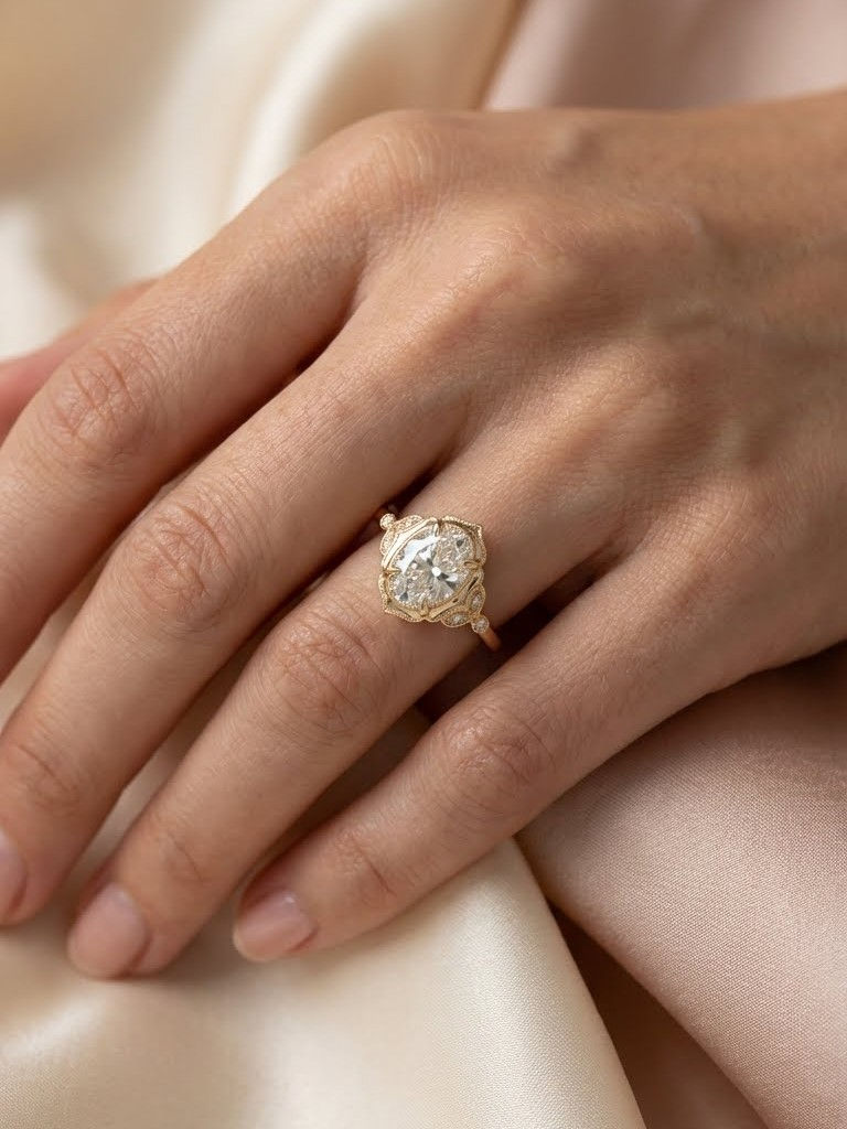 2.5CT Oval Moissanite Art Deco Vintage Ring Solid Gold Milgrain Antique Bridal