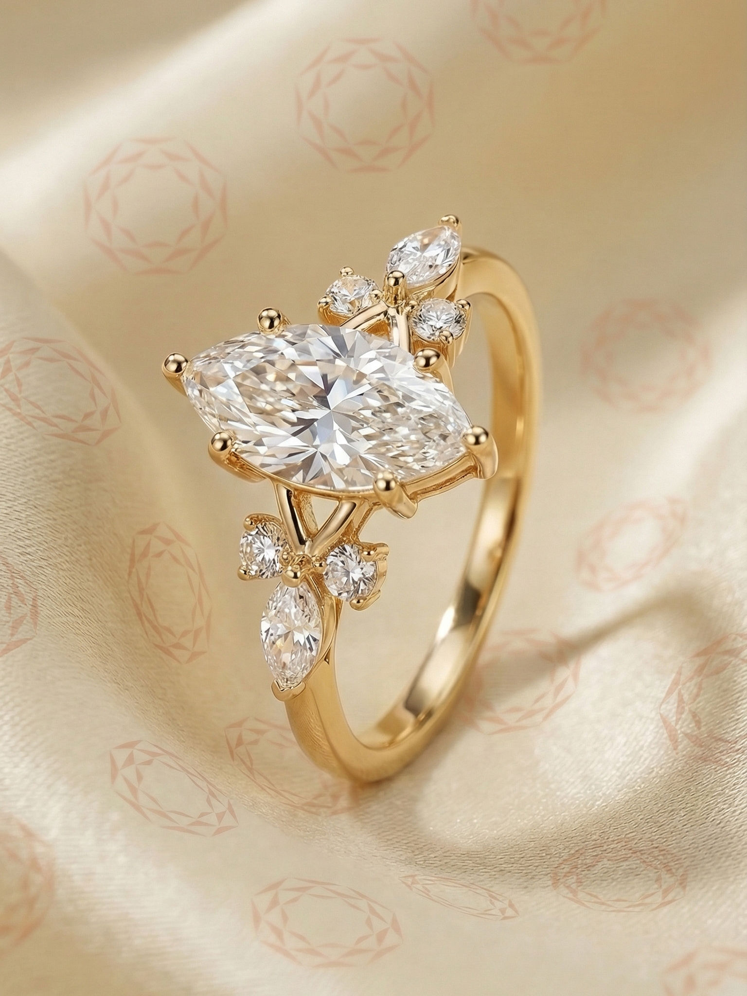 Marquise Moissanite Cluster Engagement Ring Solid Gold Unique Bridal Wedding