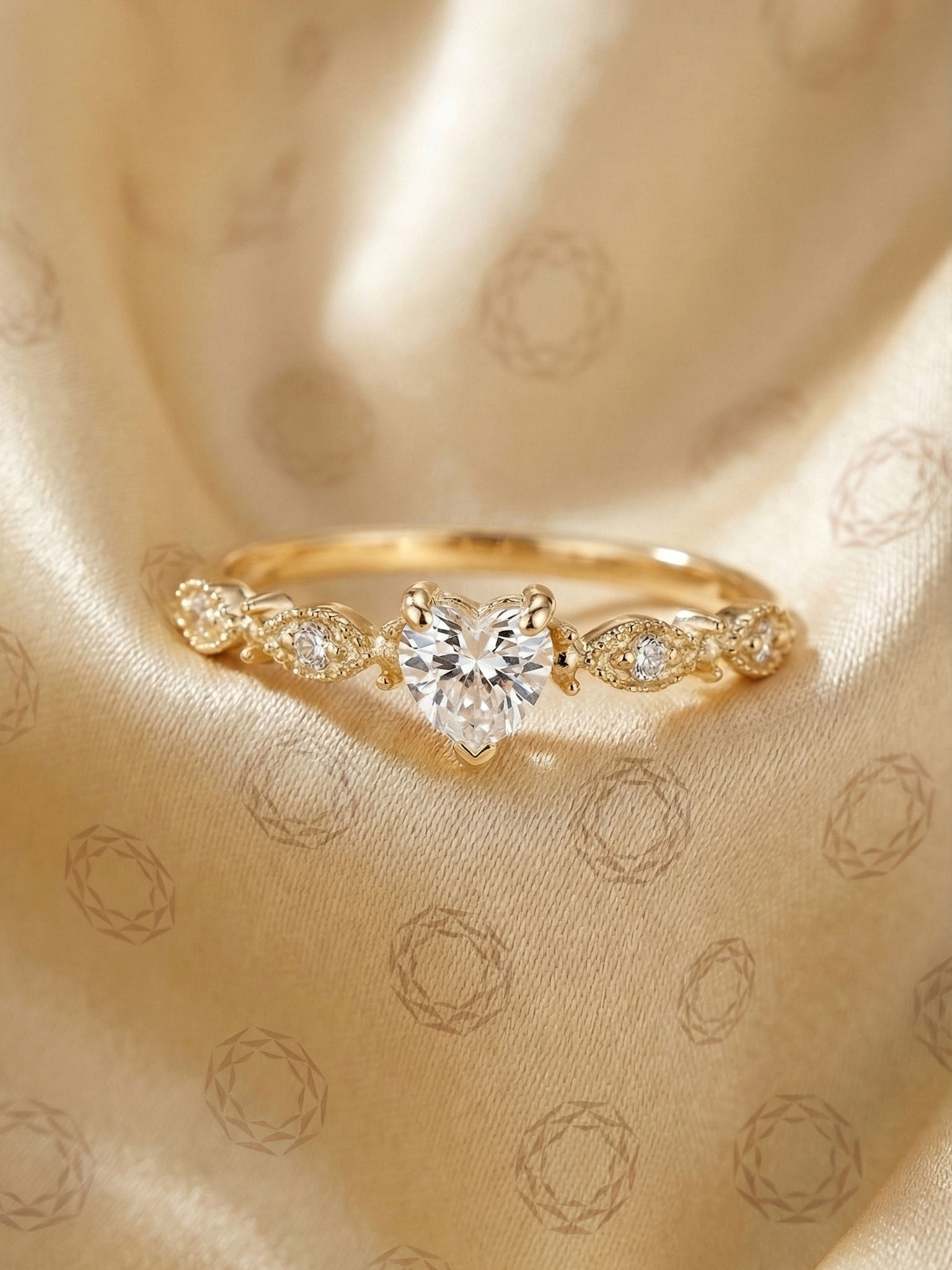 Dainty Heart Cut Moissanite Promise Ring Solid Rose Gold Art Deco Milgrain