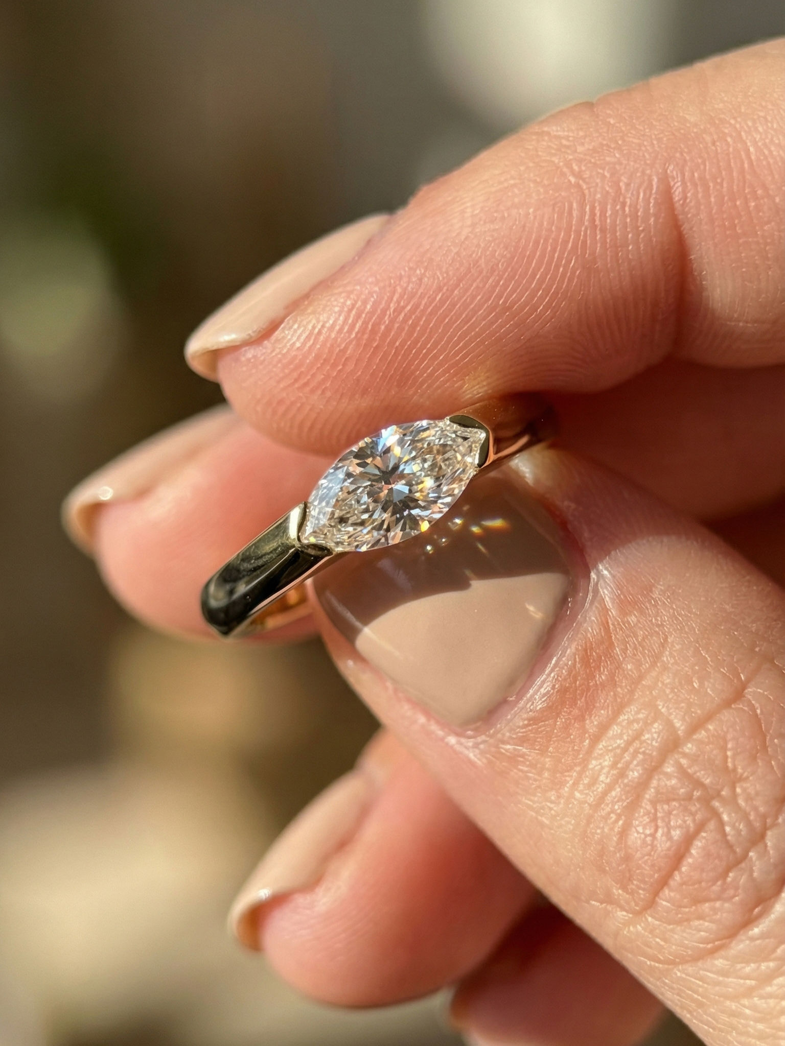 1.5CT East West Marquise Moissanite Half Bezel Solitaire Ring Solid Gold Bridal