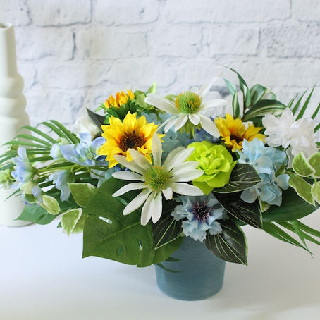 インターネット公開文化講座 ガラスフレームのアレンジ 夏のひまわり、ホリゾンタル（水平）風アレンジ