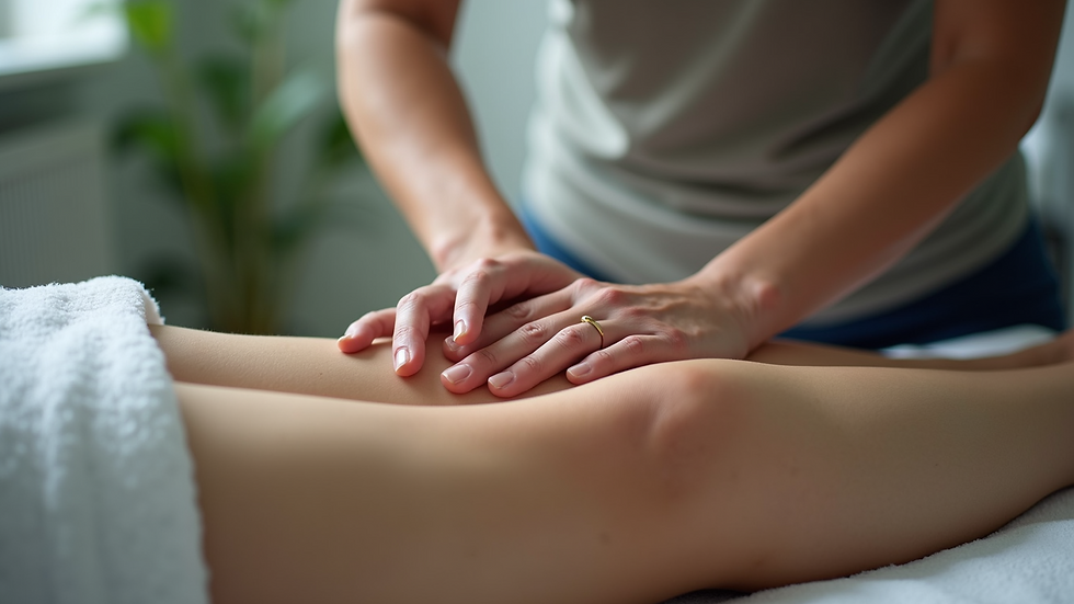 Close-up view of a therapist applying deep tissue massage on a leg muscle