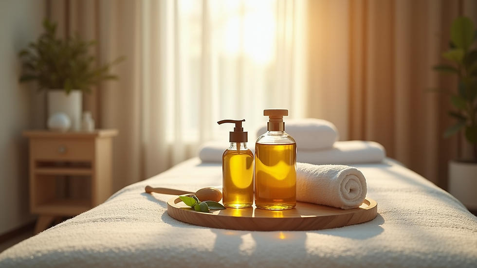 Eye-level view of massage table with oils and tools ready