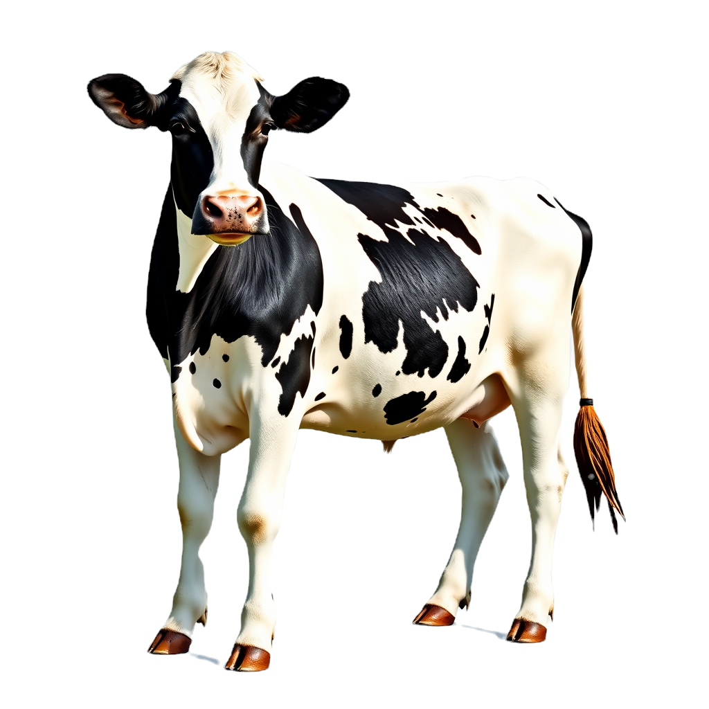 dairy cow standing side view with head_face turned to see look at the camera, view entire
