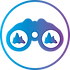 An icon of binoculars with a blue to purple gradien