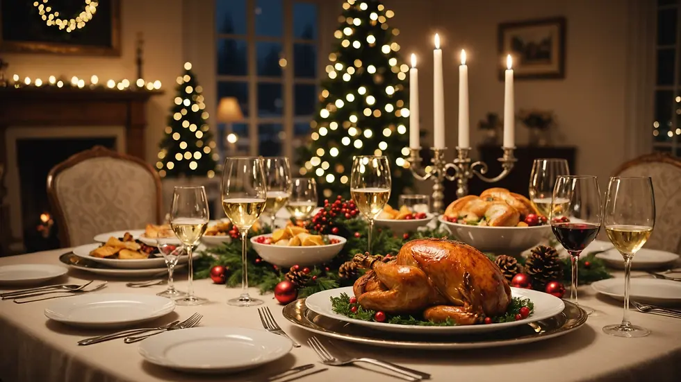 Wide angle view of a festive table set for Christmas dinner