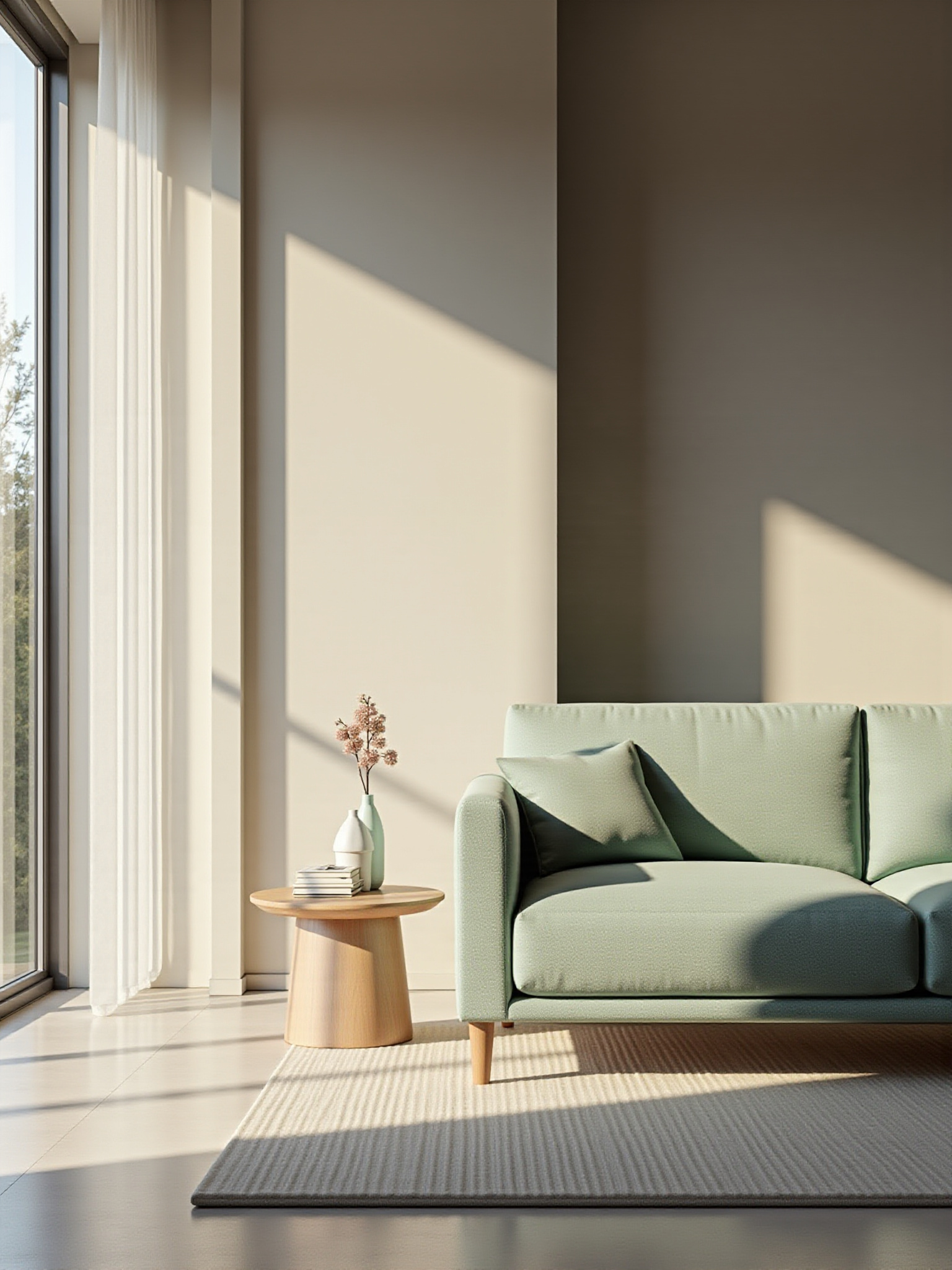 Modern living room with green sofa, sunlit window, real estate photography