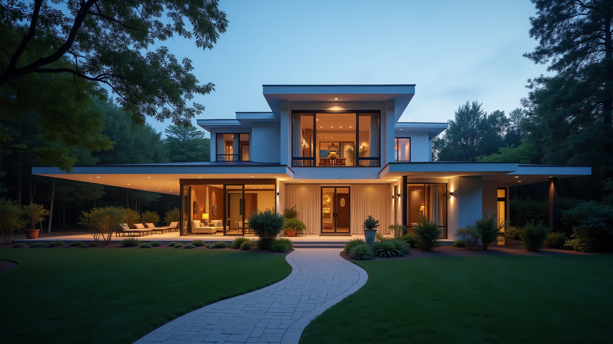 Modern home exterior at dusk, real estate photography