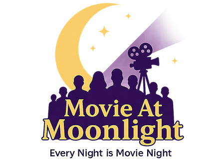 Pflugerville outdoor movie rental logo - Movie at Moonlight with moon, stars, and projector, offering backyard cinema fun