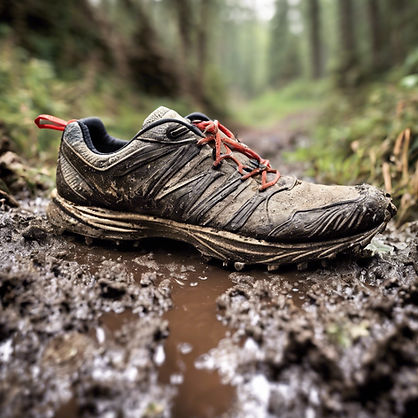 Trail running shoe covered in mud, showcasing its rugged tread and durability on wet, challenging terrain.