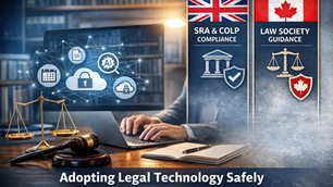 A modern law office scene showing a solicitor working at a laptop beside a gavel and scales of justice. The laptop displays icons representing document management, AI, cloud security, and workflow automation. To the right are two vertical panels: one headed with the UK flag and the words “SRA & COLP Compliance”, the other with the Canadian flag and “Law Society Guidance”. The image emphasises the need for UK and Canadian law firms to adopt legal technology in a secure, governed, and compliant way.